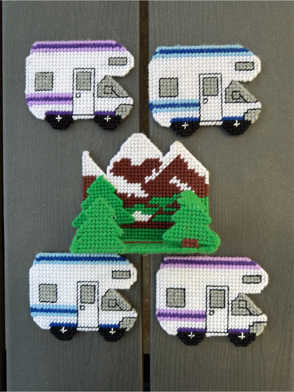 Cross-Stitch Camper & Mountain Coaster Set - Green, Blue, Purple